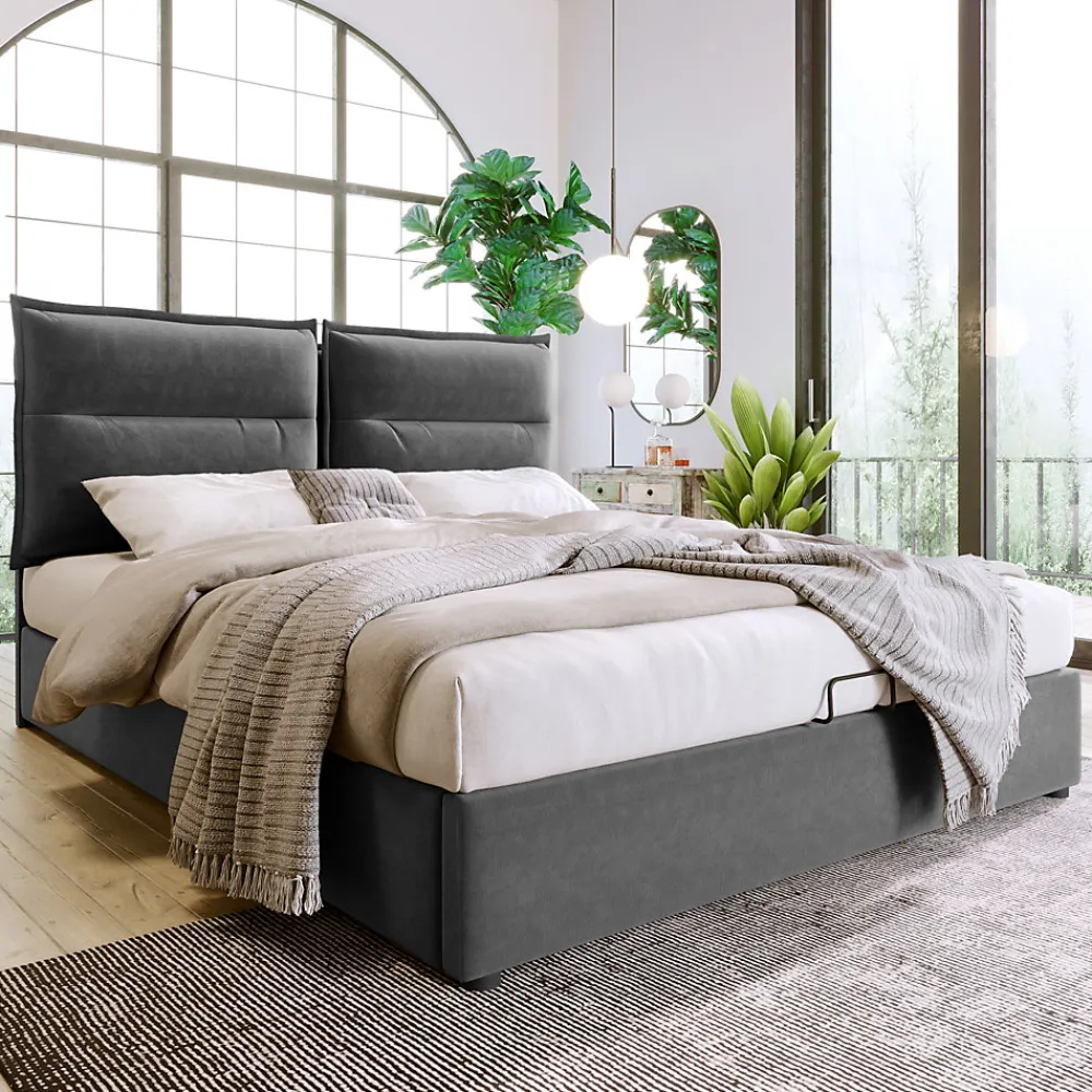 Lit Coffre Double Capitonné 140x200 cm - avec Coffre Hydraulique et Tête de Lit Ajustable, Velours Gris, Matelas Inclus>Okwish Online