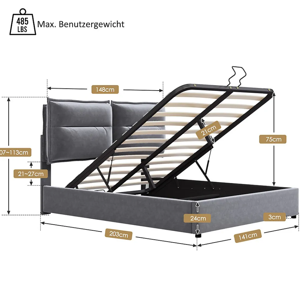 Lit Coffre Double Capitonné 140x200 cm - avec Coffre Hydraulique et Tête de Lit Ajustable, Velours Gris, Matelas Inclus>Okwish Online
