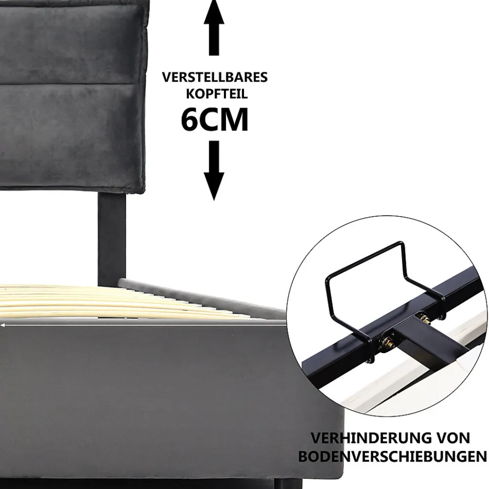 Lit Coffre Double Capitonné 140x200 cm - avec Coffre Hydraulique et Tête de Lit Ajustable, Velours Gris, Matelas Inclus>Okwish Online