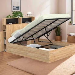 IDMarket Lit coffre double CLYDE avec tête de lit + rangements et sommier 140 x 190 cm façon hêtre et noir* Lit Coffre