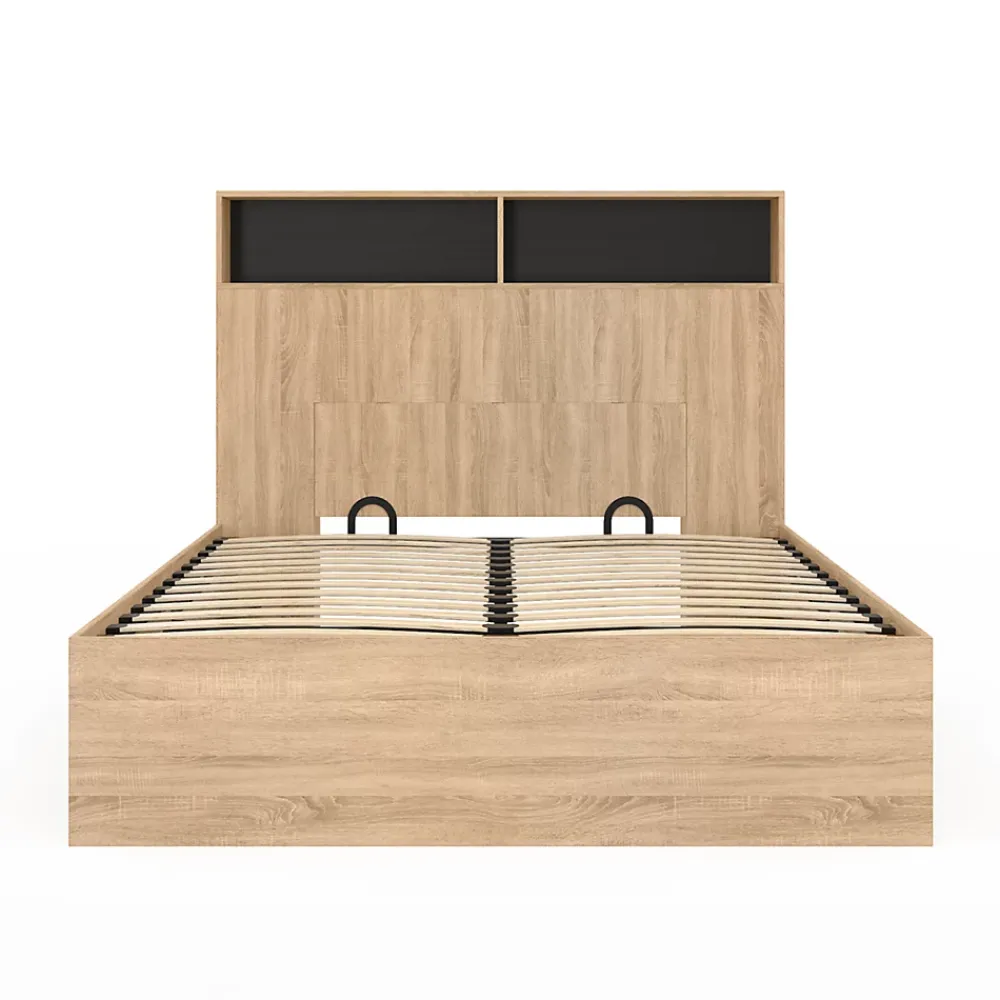 IDMarket Lit coffre double CLYDE avec tête de lit + rangements et sommier 140 x 190 cm façon hêtre et noir* Lit Coffre