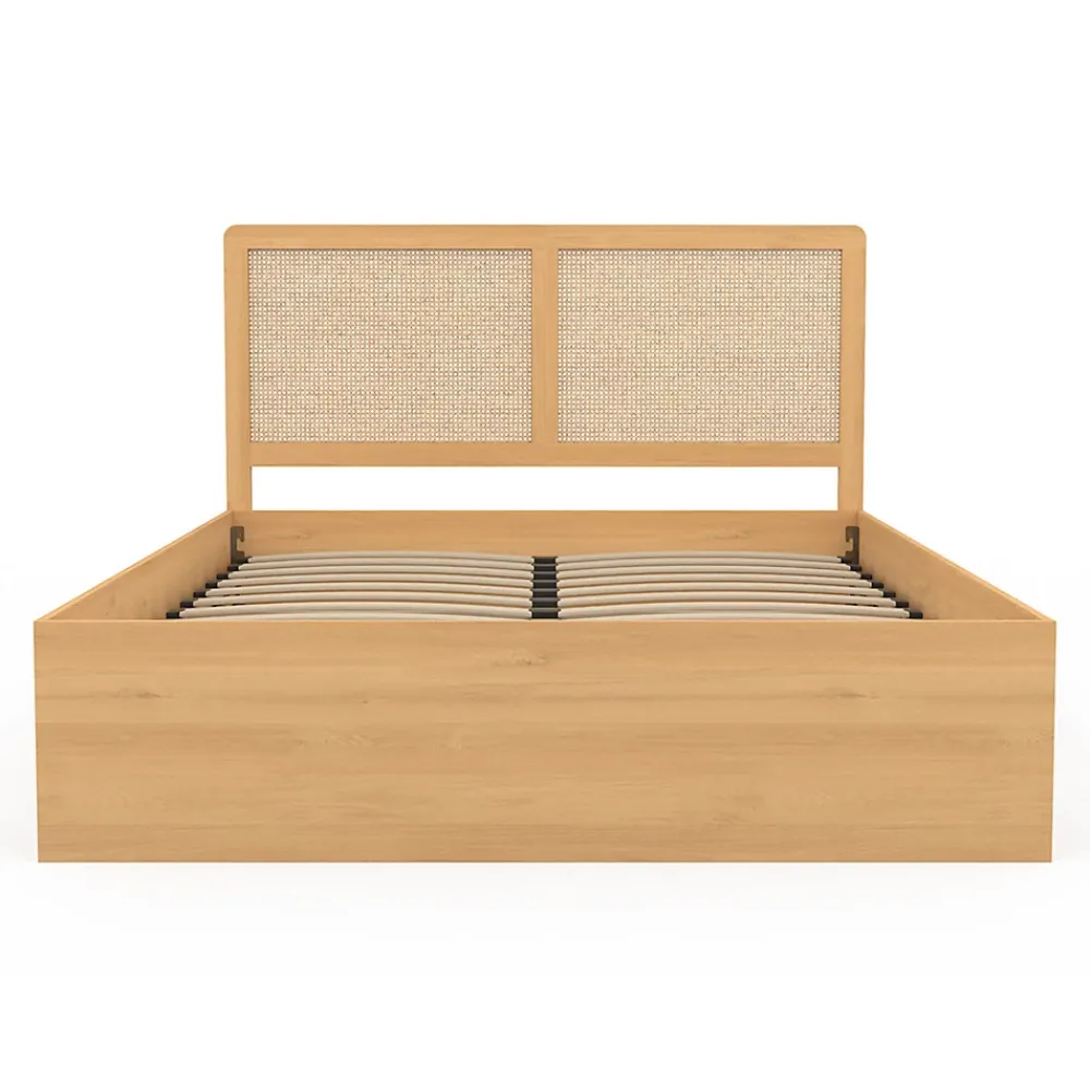 IDMarket Lit coffre double EDHEN avec tête de lit cannage et sommier 140 x 190 cm coloris bois* Lit Coffre