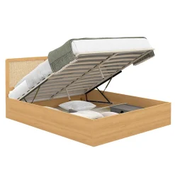 IDMarket Lit coffre double EDHEN avec tête de lit cannage et sommier 140 x 190 cm coloris bois* Lit Coffre