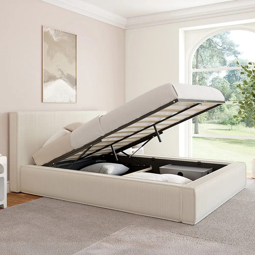 Lit coffre double JADE avec sommier 140 x 190 cm velours côtelé beige>IDMarket Hot