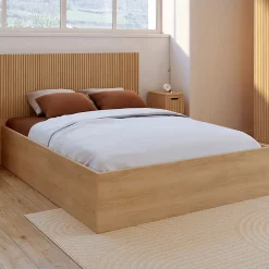 Lit coffre double JULIETTE avec tête de lit et sommier 140 x 190 cm effet lattes et bois>IDMarket New