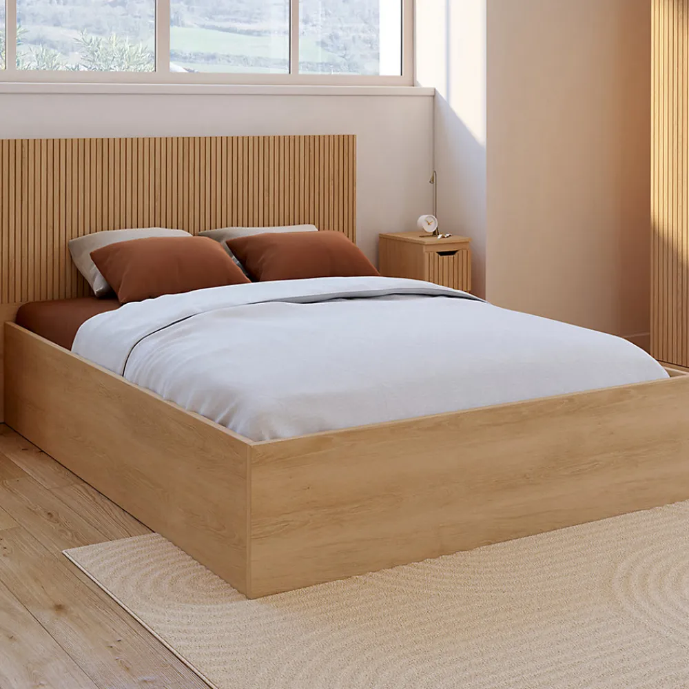 Lit coffre double JULIETTE avec tête de lit et sommier 140 x 190 cm effet lattes et bois>IDMarket New