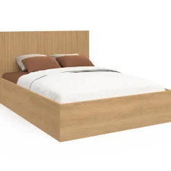 Lit coffre double JULIETTE avec tête de lit et sommier 140 x 190 cm effet lattes et bois><noscript><img width=