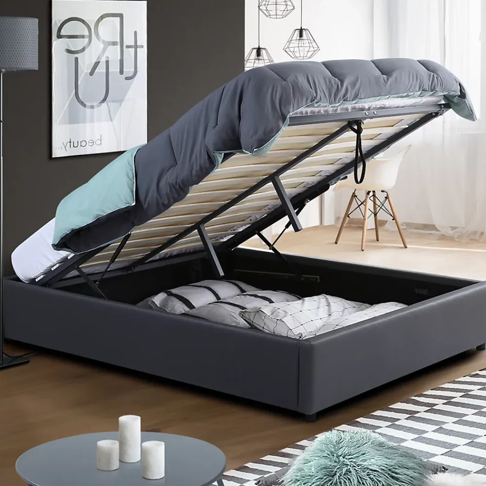 IDMarket Lit coffre double MIAMI avec sommier 140 x 190 cm PVC gris* Lit Avec Rangement