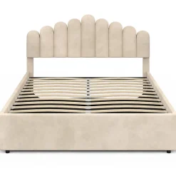 Lit coffre double NOELIE avec tête de lit et sommier 140 x 190 cm velours beige><noscript><img width=