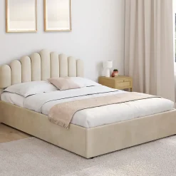 Lit coffre double NOELIE avec tête de lit et sommier 140 x 190 cm velours beige><noscript><img width=