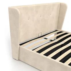 Lit coffre double OREA avec tête de lit enveloppante à oreilles et sommier 140 x 190 cm velours beige><noscript><img width=