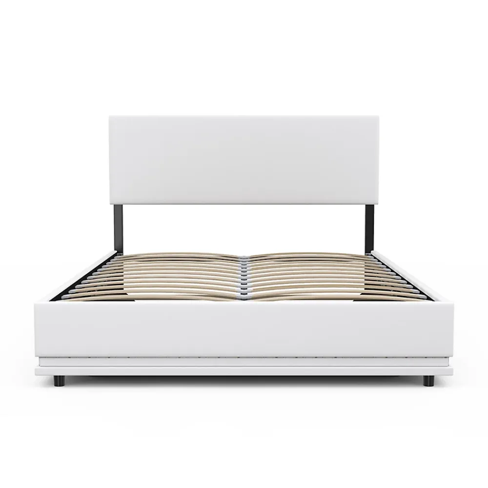 IDMarket Lit coffre double OWEN avec LED intégrées + tête de lit et sommier 140 x 190 cm PVC blanc* Lit Avec Rangement