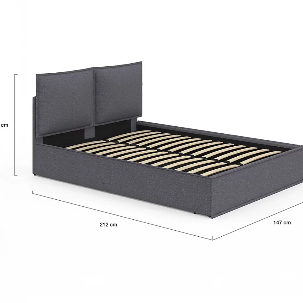 IDMarket Lit coffre double PILOU avec tête de lit oreiller et sommier 140 x 190 cm tissu gris anthracite* Lit Avec Rangement