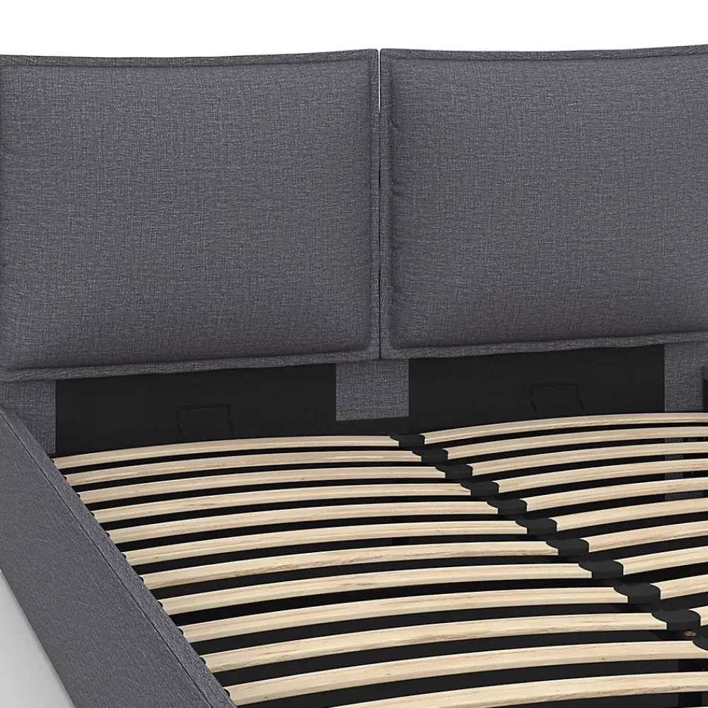IDMarket Lit coffre double PILOU avec tête de lit oreiller et sommier 140 x 190 cm tissu gris anthracite* Lit Avec Rangement