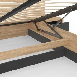 IDMarket Lit coffre double SANTA avec tête de lit + tables de chevets intégrées et sommier 140 x 190 cm bois et noir* Lit Avec Rangement