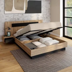 IDMarket Lit coffre double SANTA avec tête de lit + tables de chevets intégrées et sommier 140 x 190 cm bois et noir* Lit Avec Rangement