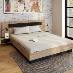 IDMarket Lit coffre double SANTA avec tête de lit + tables de chevet intégrées et sommier 160 x 200 cm bois et noir* Lit Avec Rangement