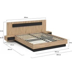 IDMarket Lit coffre double SANTA avec tête de lit + tables de chevet intégrées et sommier 160 x 200 cm bois et noir* Lit Avec Rangement