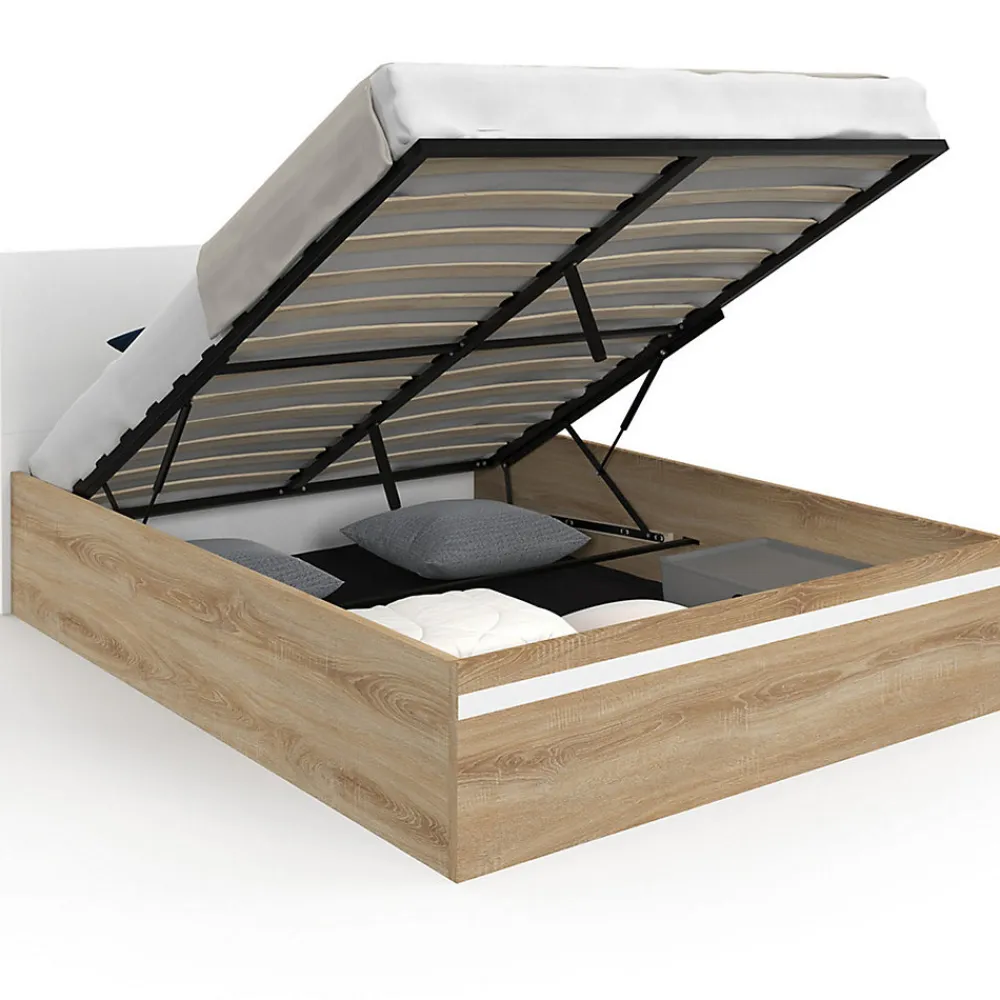 Lit coffre double SEASIDE avec tête de lit et sommier 140 x 190 cm façon hêtre et blanc>IDMarket Discount