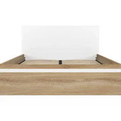Lit coffre double SEASIDE avec tête de lit et sommier 140 x 190 cm façon hêtre et blanc><noscript><img width=