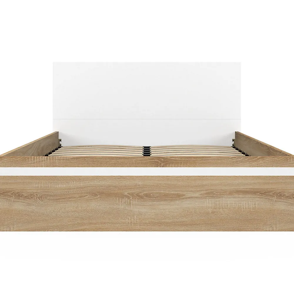 Lit coffre double SEASIDE avec tête de lit et sommier 140 x 190 cm façon hêtre et blanc>IDMarket Discount