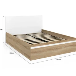 Lit coffre double SEASIDE avec tête de lit et sommier 140 x 190 cm façon hêtre et blanc><noscript><img width=