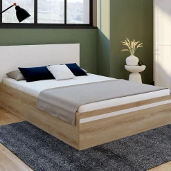 Lit coffre double SEASIDE avec tête de lit et sommier 140 x 190 cm façon hêtre et blanc><noscript><img width=