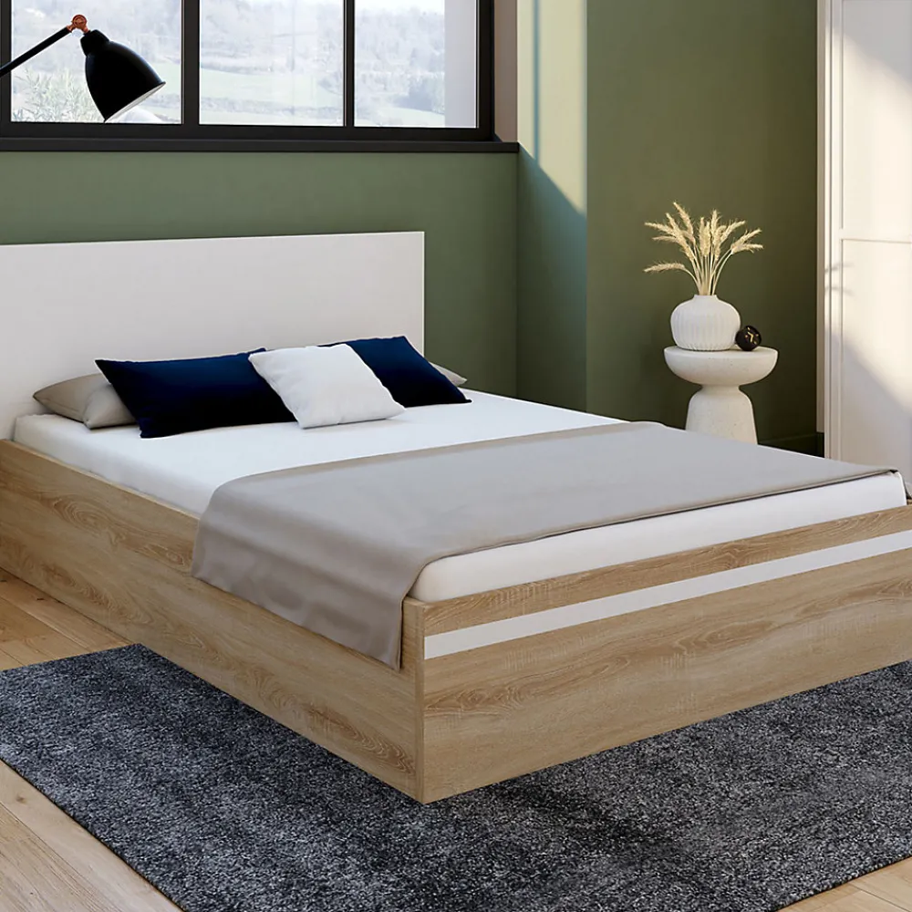 Lit coffre double SEASIDE avec tête de lit et sommier 140 x 190 cm façon hêtre et blanc>IDMarket Discount