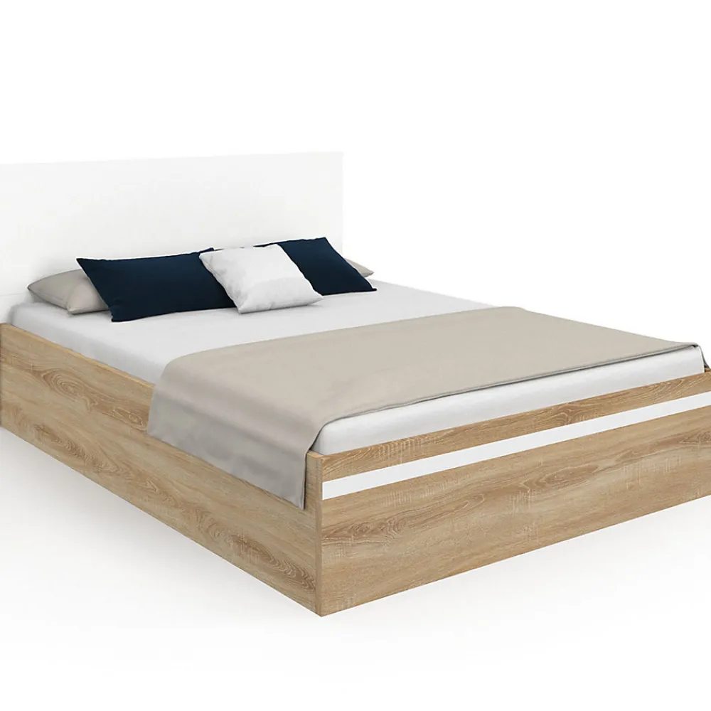 Lit coffre double SEASIDE avec tête de lit et sommier 140 x 190 cm façon hêtre et blanc>IDMarket Discount