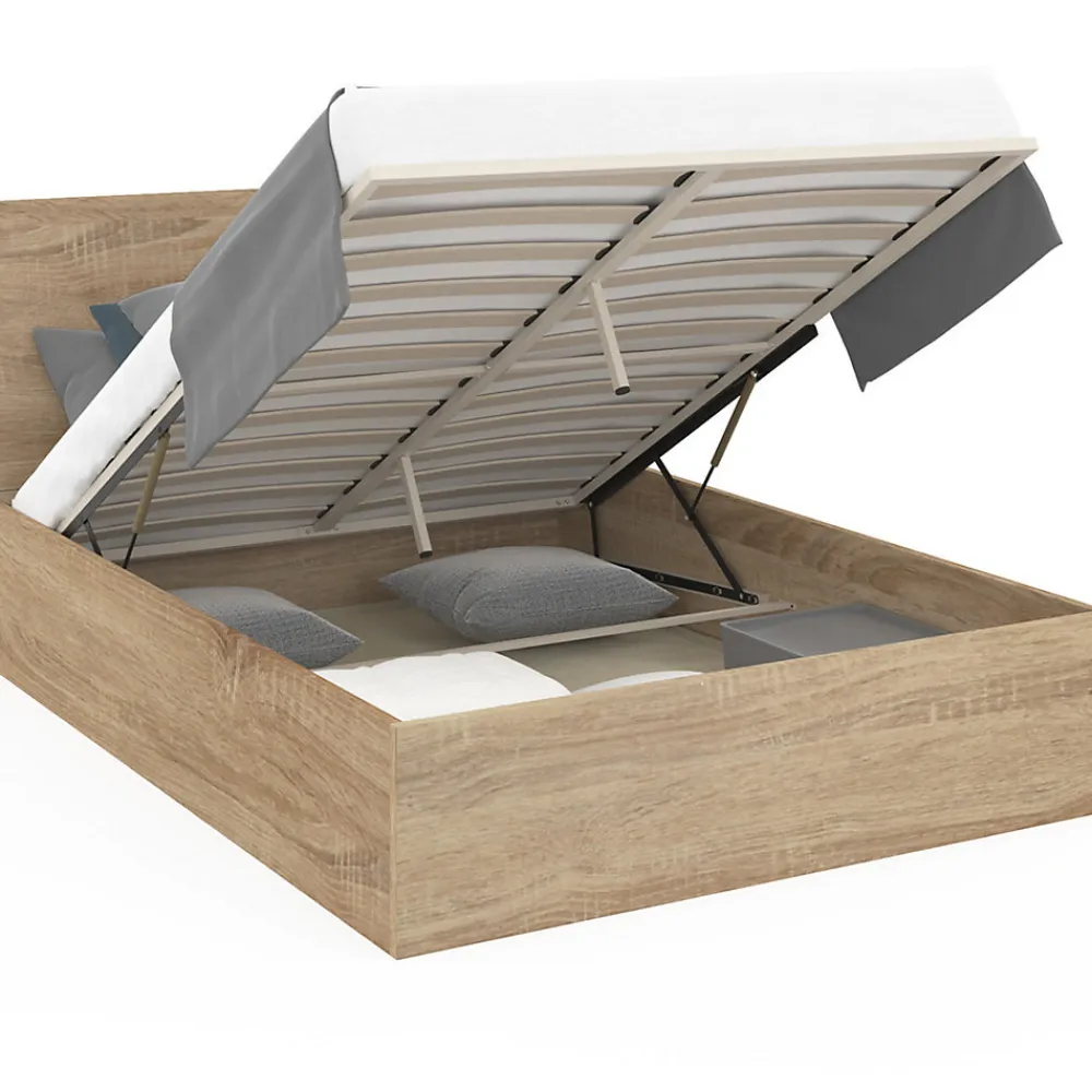 Lit coffre double SEASIDE avec tête de lit et sommier 160 x 200 cm façon hêtre>IDMarket Sale