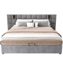 Urban Meuble Lit coffre double velours gris, tête de lit damier avec prise USB* Lit Double