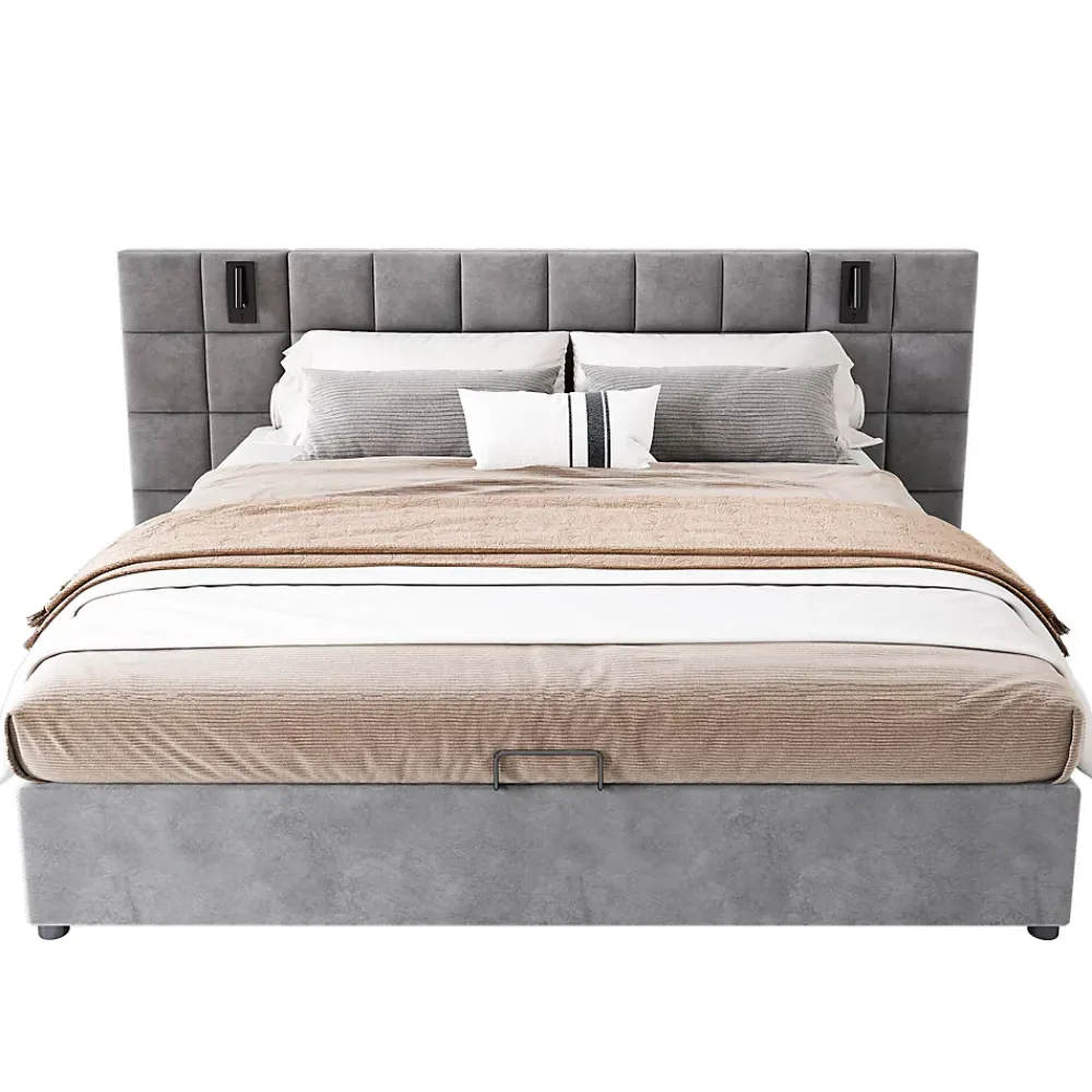 Urban Meuble Lit coffre double velours gris, tête de lit damier avec prise USB* Lit Double