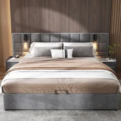 Urban Meuble Lit coffre double velours gris, tête de lit damier avec prise USB* Lit Double