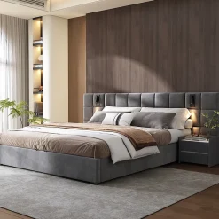 Urban Meuble Lit coffre double velours gris, tête de lit damier avec prise USB* Lit Double