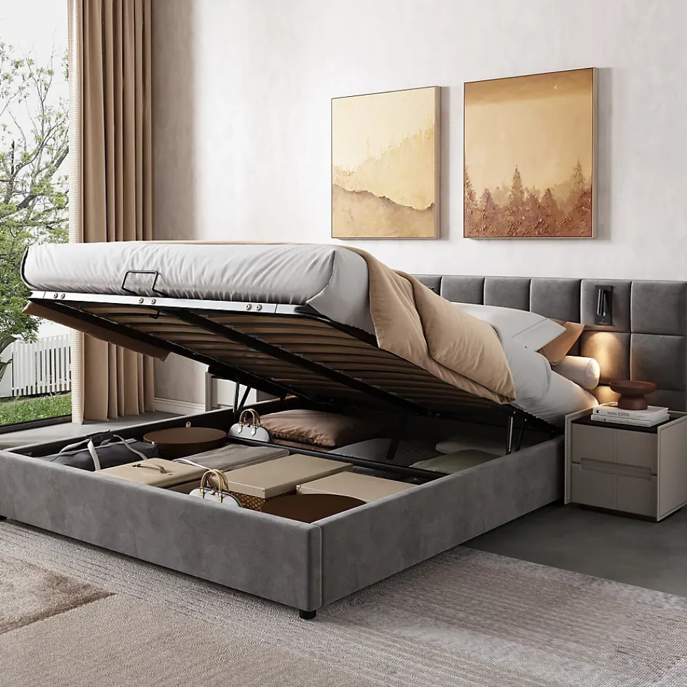 Urban Meuble Lit coffre double velours gris, tête de lit damier avec prise USB* Lit Double