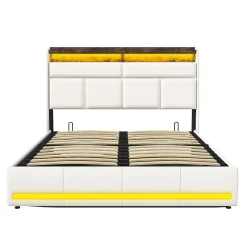 Lit coffre double 160x200 avec sommier et USB, LED, Cadre de lit avec Rangement et Tete de Lit, Blanc><noscript><img width=