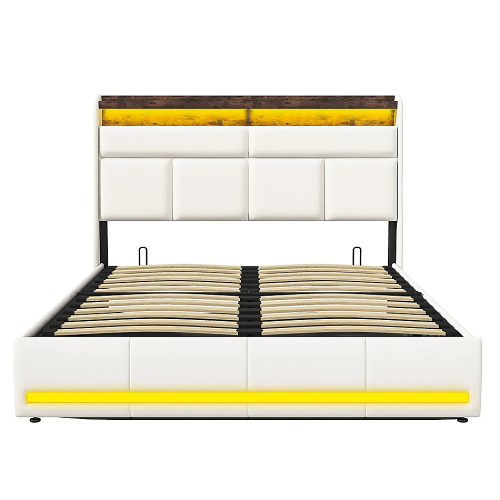 Lit coffre double 160x200 avec sommier et USB, LED, Cadre de lit avec Rangement et Tete de Lit, Blanc>Generique