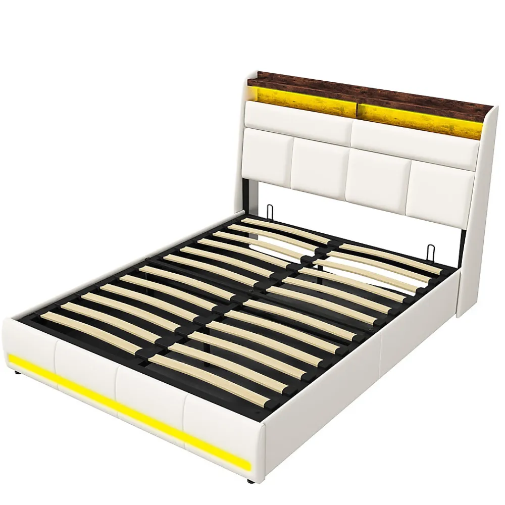 Lit coffre double 160x200 avec sommier et USB, LED, Cadre de lit avec Rangement et Tete de Lit, Blanc>Generique