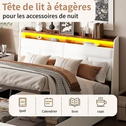 Lit coffre double 160x200 avec sommier et USB, LED, Cadre de lit avec Rangement et Tete de Lit, Blanc><noscript><img width=