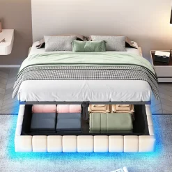 Okwish Lit Coffre Double 160x200 cm - avec Sommier à Ressorts et Rangement Intégré, LED Incluse, Sans Matelas, Tissu Lin Beige* Lit Coffre