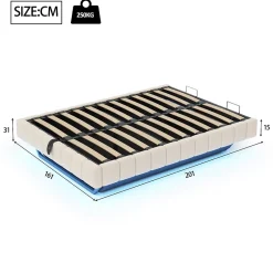 Okwish Lit Coffre Double 160x200 cm - avec Sommier à Ressorts et Rangement Intégré, LED Incluse, Sans Matelas, Tissu Lin Beige* Lit Coffre