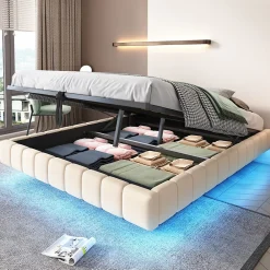 Okwish Lit Coffre Double 160x200 cm - avec Sommier à Ressorts et Rangement Intégré, LED Incluse, Sans Matelas, Tissu Lin Beige* Lit Coffre
