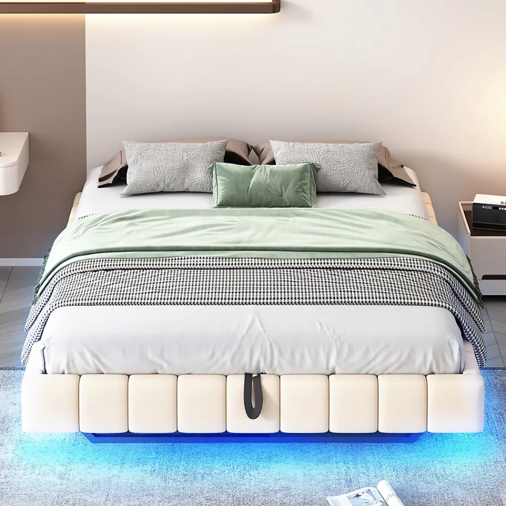 Okwish Lit Coffre Double 160x200 cm - avec Sommier à Ressorts et Rangement Intégré, LED Incluse, Sans Matelas, Tissu Lin Beige* Lit Coffre