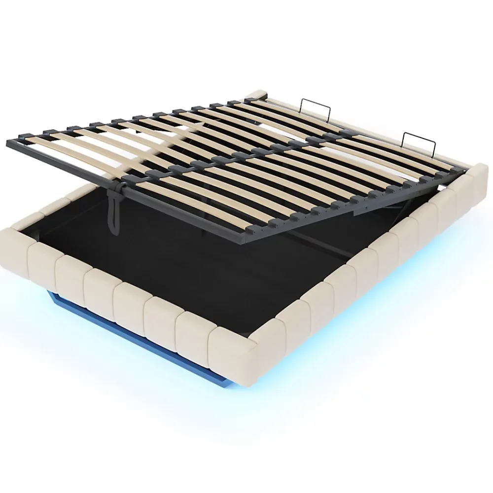 Okwish Lit Coffre Double 160x200 cm - avec Sommier à Ressorts et Rangement Intégré, LED Incluse, Sans Matelas, Tissu Lin Beige* Lit Coffre