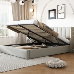 Lit Coffre Double 140x190 cm - Lit Capitonné avec LED et Rangement Hydraulique - Sans Matelas - Gris>Okwish Best