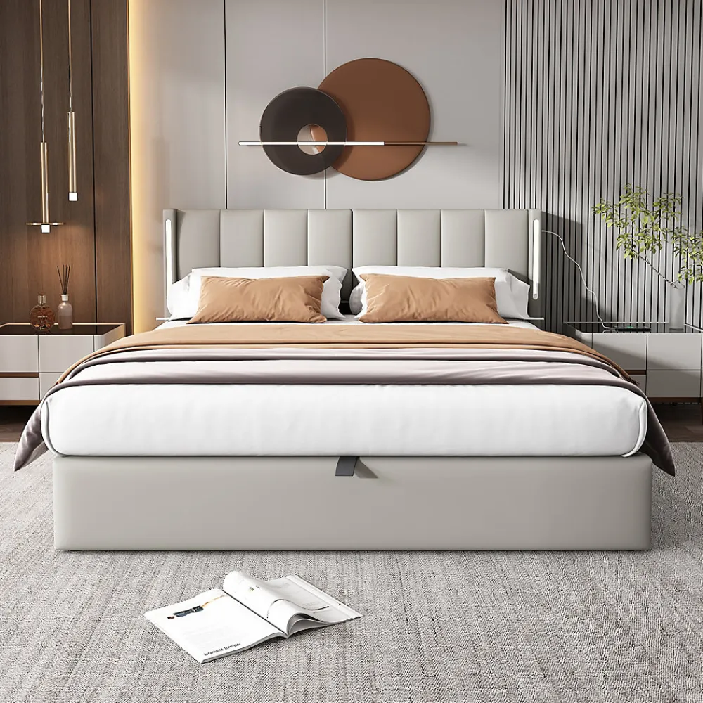 Lit Coffre Double 140x190 cm - Lit Capitonné avec LED et Rangement Hydraulique - Sans Matelas - Gris>Okwish Best