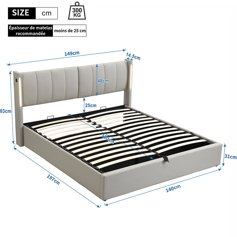 Lit Coffre Double 140x190 cm - Lit Capitonné avec LED et Rangement Hydraulique - Sans Matelas - Gris>Okwish Best