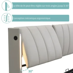 Lit Coffre Double 140x190 cm - Lit Capitonné avec LED et Rangement Hydraulique - Sans Matelas - Gris><noscript><img width=