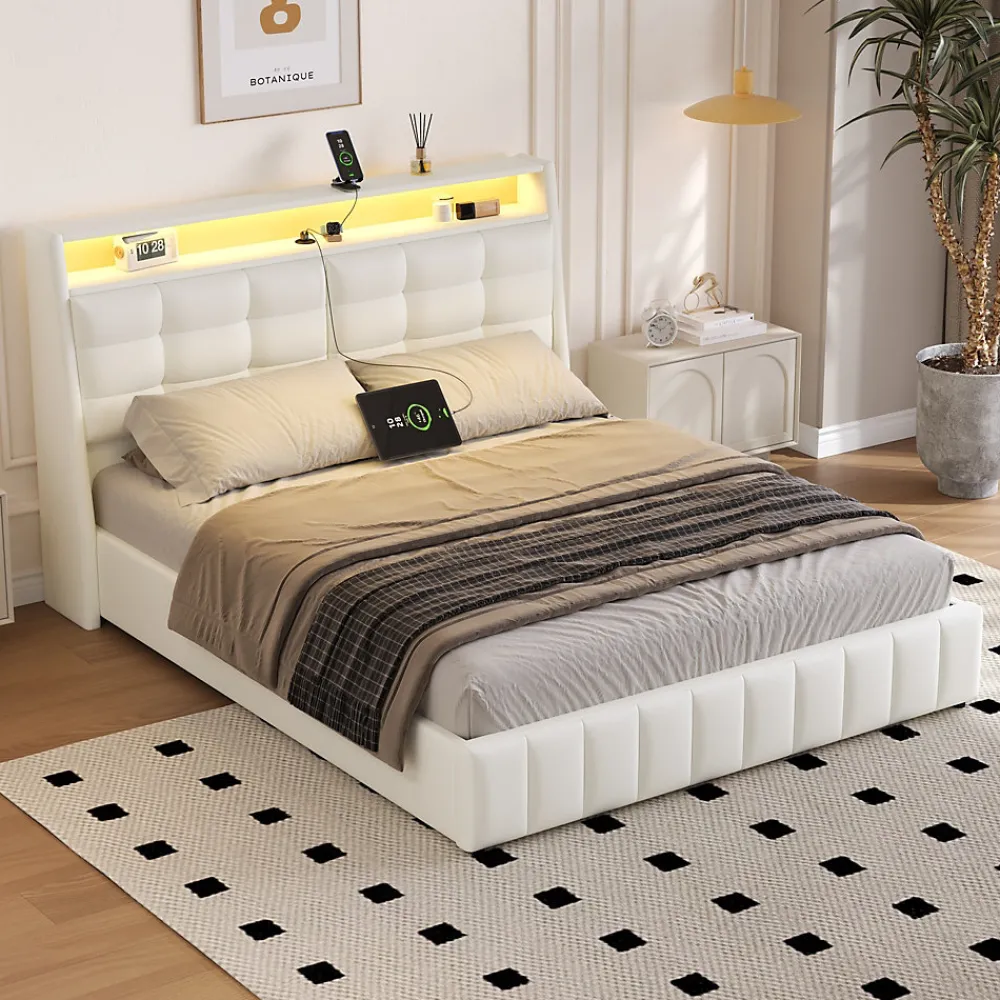 Lit Coffre Double 160x200 cm - Lit Adulte PU avec Éclairage LED et Port USB, Idéal pour la chambre - Blanc>Okwish Sale