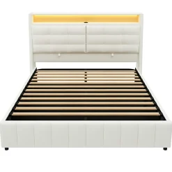 Lit Coffre Double 160x200 cm - Lit Adulte PU avec Éclairage LED et Port USB, Idéal pour la chambre - Blanc><noscript><img width=